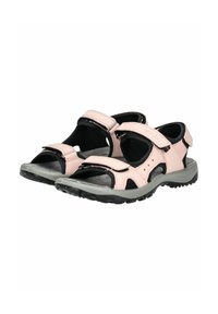 Helle rosa Sandalen mit schwarzen Akzenten, verstellbaren Riemen, offenem Zehendesign und strukturiertem grauem Laufsohle für besseren Halt. Atmungsaktiv und ergonomisch.