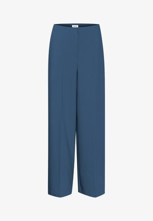 Wide-leg trousers in a deep blue fabric. Features a smooth texture, clean lines, and a straight silhouette with no visible pockets or embellishments.