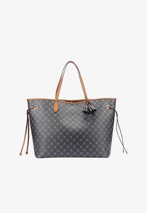 Gray patterned tote bag with brown leather accents, featuring two handles, drawstrings on sides, and a small tassel detail.