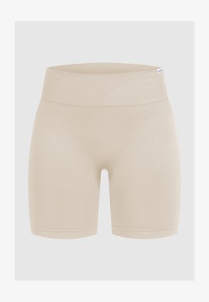Beige højtaljede shorts lavet af blødt, strækbart stof, med en glat tekstur og et tætsiddende design uden yderligere mønstre eller detaljer.