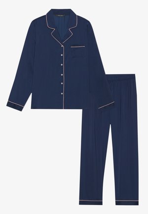 Navy blue pajama set with long-sleeve top featuring button closure and pocket, paired with elastic-waist pants, accented with light pink piping.