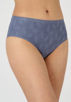 Hooggewaisted blauwe onderbroek met een gestructureerd patroon van bladeren, gemaakt van een zachte stof, met een gladde rand en een strakke pasvorm.