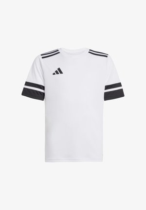 Biely športový tričko s čiernymi akcentmi. Má čierne krátke rukávy a tri čierne pruhy na každom ramene. Logo Adidas na hrudi.
