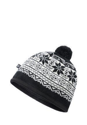Fekete-fehér kötött téli sapka északi hópehely mintával és bojttal a tetején, belül polár béléssel a melegségért.
