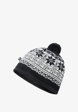 Schwarz-weiße gestrickte Wintermütze mit nordischem Schneeflockenmuster und Bommel oben, innen mit Fleece gefüttert für Wärme.