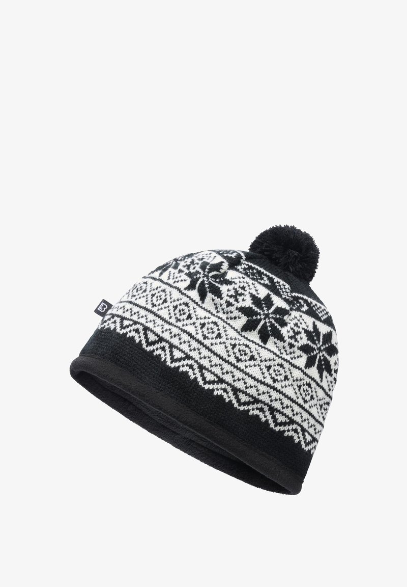 Čierno-biela pletená zimná čiapka s nórskym snehovým vločkovým vzorom a brmbolcom na vrchu, vnútorná vložka z fleecu pre teplo.