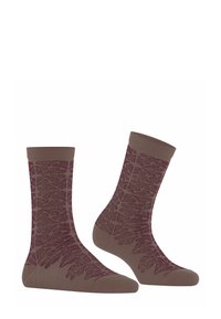 Brązowe skarpetki z wzorem liści w ciemniejszym odcieniu burgundu, z ściągaczem i gładką fakturą. Odpowiednie do codziennego noszenia.