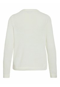 Sweater blanco de punto con un patrón texturizado, cuello redondo y puños acanalados. La vista trasera muestra la longitud y la estructura completa de la prenda.