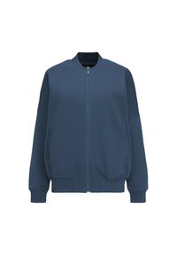 Granatowy, zapinany na zamek sweatshirt z okrągłym dekoltem, w luźnym fasonie, z przednimi kieszeniami oraz ściągaczami na mankietach i u dołu, wykonany z miękkiego materiału.