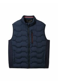Gilet isolant bleu marine avec un col élevé, motif matelassé horizontal et panneaux latéraux. Présente une fermeture éclair à l'avant et une poche sur la poitrine avec un accent orange.
