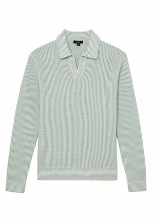 Lysegrå strikket langærmet sweater med vaffeltekstur, åben V-hals og ribstrikkede manchetter og kant.