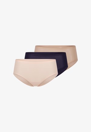 Tre paia di slip hipster senza cuciture in beige chiaro, beige scuro e blu navy, caratterizzati da una texture liscia e un design aderente.