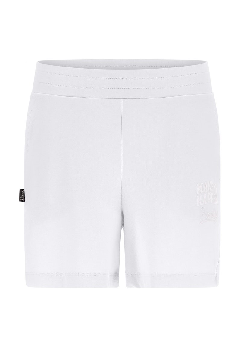 Bílé šortky s hladkou texturou, na přední straně s vyšitým detailem "MAKE IT HAPPEN" a elastickým pasem.
