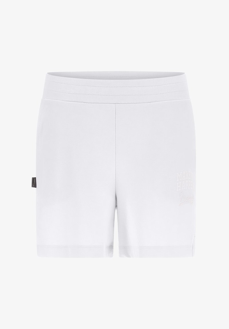 Bílé šortky s hladkou texturou, na přední straně s vyšitým detailem "MAKE IT HAPPEN" a elastickým pasem.