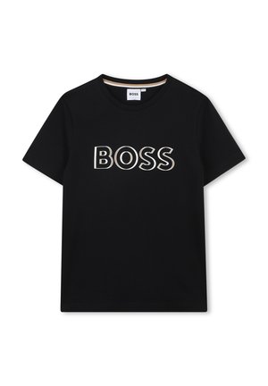 Black cotton t-shirt featuring a prominently displayed "BOSS" logo in white with yellow outlines. Classic crew neck design.