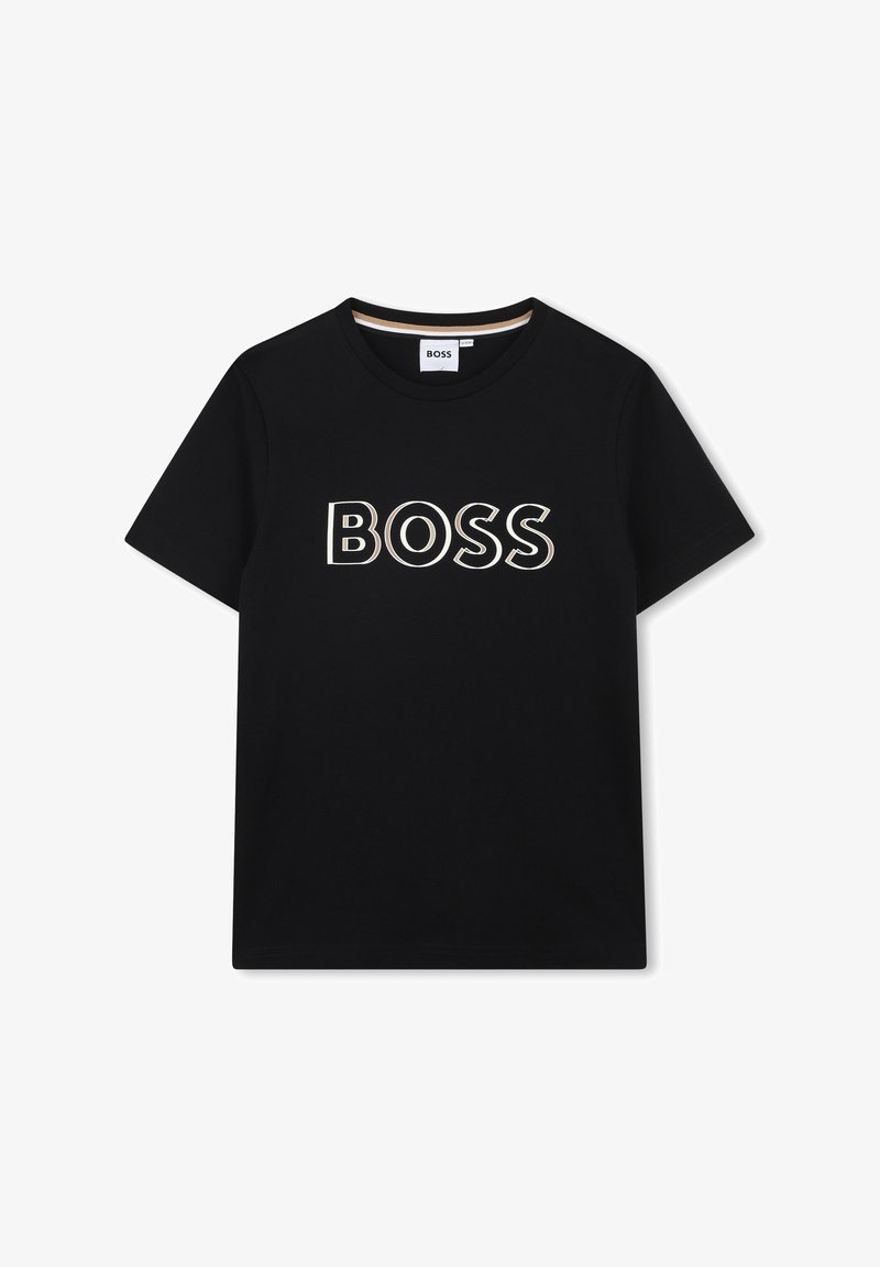 T-shirt en coton noir affichant un logo "BOSS" bien en vue en blanc avec des contours jaunes. Design classique à col rond.