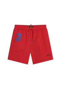 Rote Badeshorts mit elastischem Bund und Kordelzug, blau gestickte Nummer 3 am linken Bein und "Superdry 1976"-Logo am rechten Bein.