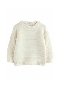 Pull en tricot de couleur crème avec un motif rayé texturé, décolleté arrondi et poignets et ourlet côtelés. Tissu doux et confortable.