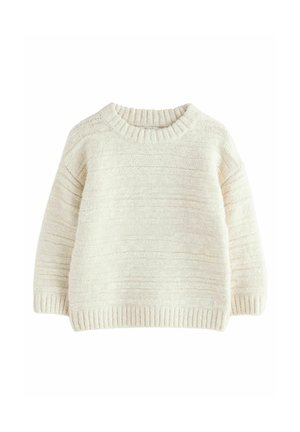 Maglione in maglia color crema con un motivo a righe testurizzato, scollo rotondo e polsini e orlo a coste. Tessuto morbido e accogliente.