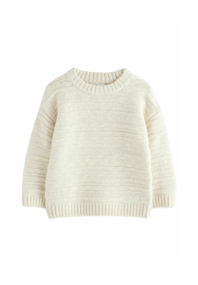 Pull en tricot de couleur crème avec un motif rayé texturé, décolleté arrondi et poignets et ourlet côtelés. Tissu doux et confortable.