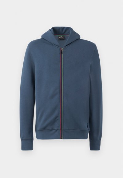 Felpa con cappuccio blu da uomo con zip frontale; presenta dettagli colorati sulla zip e polsini a costine. Tessuto morbido in misto cotone.