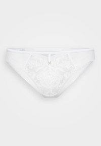 Witte kanten string met bloemmotief, een driehoekige vorm, elastische tailleband en een klein zilverkleurig accent in het midden voor.