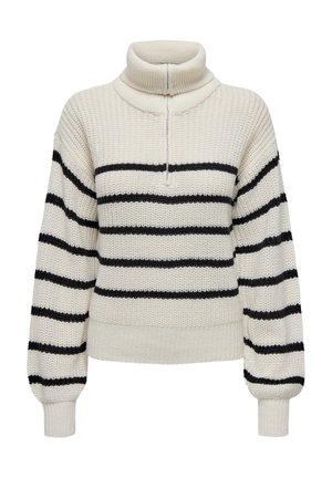 Pull en maille crème avec des rayures horizontales noires, col haut, demi-fermeture éclair devant, et manches longues ballon avec poignets côtelés.