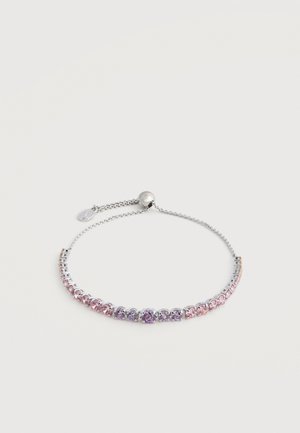 Ασημένιο βραχιόλι με ρυθμιζόμενη αλυσίδα που διαθέτει εναλλασσόμενες ροζ και μοβ στρογγυλές πολύτιμες πέτρες σε σειρά.