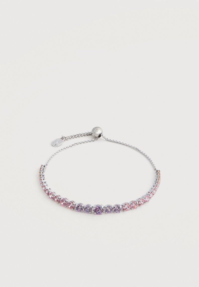 Ασημένιο βραχιόλι με ρυθμιζόμενη αλυσίδα που διαθέτει εναλλασσόμενες ροζ και μοβ στρογγυλές πολύτιμες πέτρες σε σειρά.