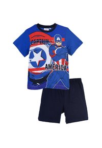 Conjunto de pijama azul para niños que incluye una camiseta de manga corta con un gráfico de Capitán América y pantalones cortos de color marino. Fabricado en suave material de algodón.