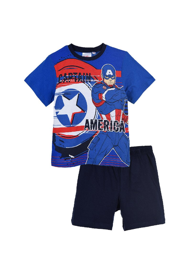 Conjunto de pijama azul para niños que incluye una camiseta de manga corta con un gráfico de Capitán América y pantalones cortos de color marino. Fabricado en suave material de algodón.