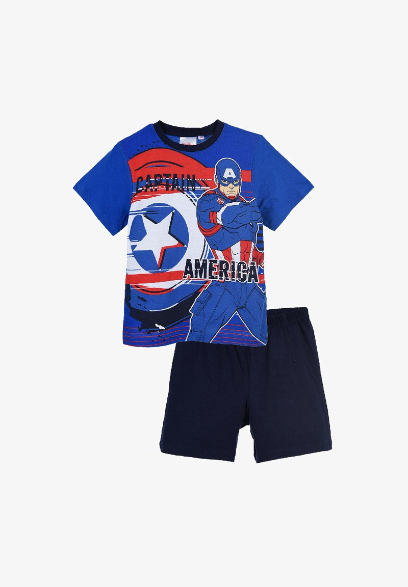 Dziecięcy niebieski komplet piżamowy składający się z koszulki z krótkim rękawem z grafiką Kapitana Ameryki oraz granatowych szortów. Wykonany z miękkiego materiału bawełnianego.