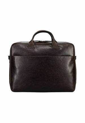Dark brown leather briefcase with dual handles, rectangular shape, and a front pocket on a white background.