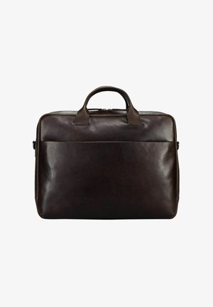 Dark brown leather briefcase with dual handles, rectangular shape, and a front pocket on a white background.