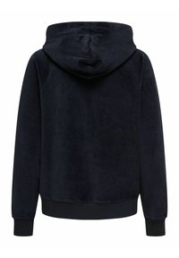 Sweat à capuche en polaire marine avec une texture douce, doté d'une capuche, de poignets côtelés et d'un design court sans coutures ni ornements visibles.