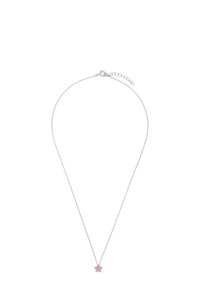 Silverfärgad kedjehalsband med liten rosa stjärnformad hänge och justerbar låsning på vit bakgrund.