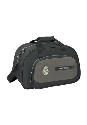 Sac de sport Real Madrid noir et gris avec des compartiments zippés, des poignées de transport et une bandoulière.