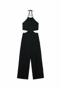 Conjunto negro de dos piezas que presenta una blusa de cuello halter con laterales recortados y pantalones de pierna ancha. Hecho de un tejido elegante, tiene un diseño minimalista.