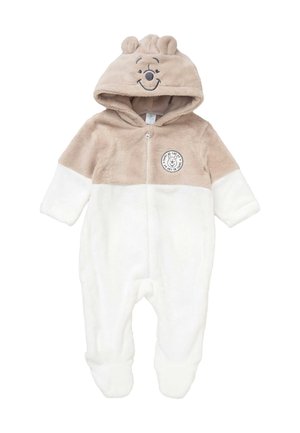 Beige und weiße Fleece-Baby-Einteiler mit Kapuze, die Bärenohren und ein lächelndes Bärengesicht zeigt, mit einem Frontreißverschluss und einem kleinen runden Bärenpatch.