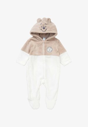 Beige en witte fleecedressen voor baby met capuchon, voorzien van berenoren en een lachend berengezicht, met een rits aan de voorkant en een kleine ronde berenpatch.