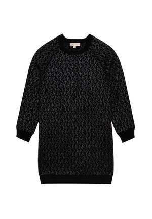 Black knitted sweater with a textured pattern, round neckline, and ribbed cuffs. Features a slight sheen throughout the fabric.