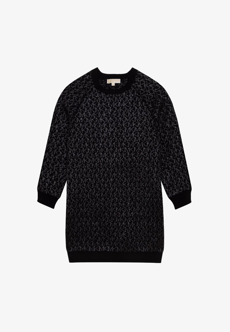 Pull noir en maille avec un motif texturé, col rond et poignets côtelés. Présente une légère brillance sur tout le tissu.