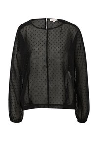 Schwarze transparente Bluse mit rundem Ausschnitt, langen Ärmeln und einer Knopfleiste am Rücken. Verziert mit strukturierten Punktmustern. 