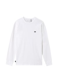 Weißes langärmeliges T-Shirt aus Baumwolle. Verfügt über ein kleines schwarzes Vans-Logo auf der Brust und einen einfachen, klassischen Rundhalsausschnitt.
