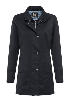 Black mid-length women's coat with collar, front zipper and snap buttons, two side pockets, and light blue interior lining.