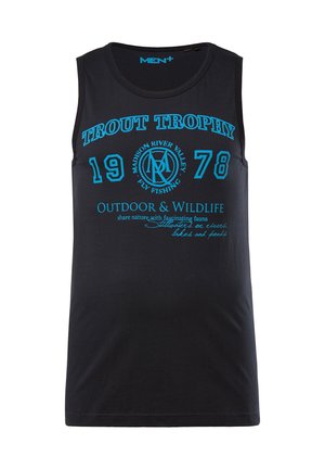 Top in cotone nero senza maniche, con grafiche blu che includono il testo "TROUT TROPHY" e "OUTDOOR & WILDLIFE", presenta un collo rotondo.