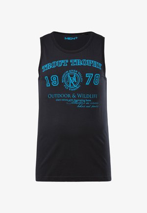 Top in cotone nero senza maniche, con grafiche blu che includono il testo "TROUT TROPHY" e "OUTDOOR & WILDLIFE", presenta un collo rotondo.