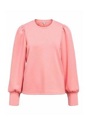 Rozā džemperis ar garām puff piedurknēm, apaļu kakla izgriezumu un mīkstu faktūru; izstrādāts ar brīvu piegriezumu.