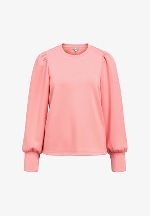 Rozā džemperis ar garām puff piedurknēm, apaļu kakla izgriezumu un mīkstu faktūru; izstrādāts ar brīvu piegriezumu.