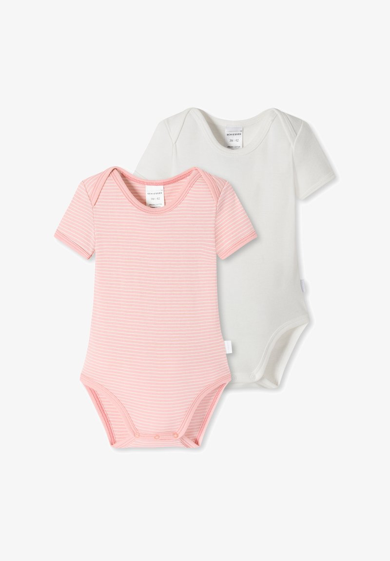 Zwei Kurzarmbodysuits: einer pink mit weißen Streifen, der andere schlicht weiß. Hergestellt aus weicher Biobaumwolle, mit Druckknopfverschlüssen am unteren Ende.